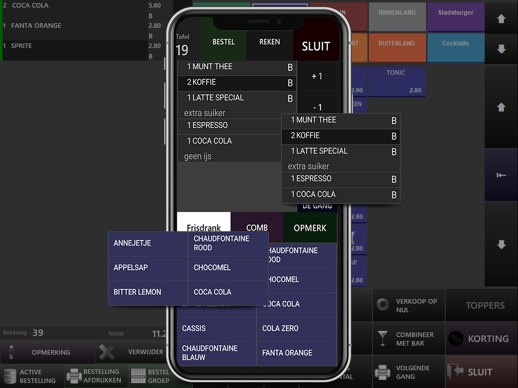 MIG Horeca desktop ordering interface connected with the mobile service application