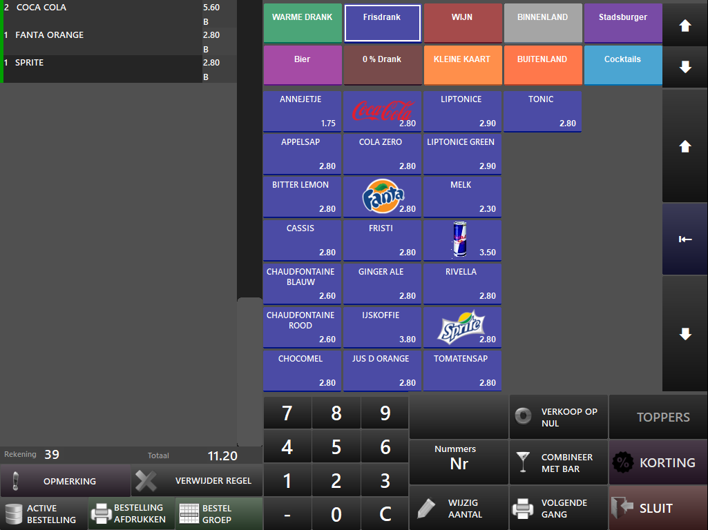 MIG Horeca order-entry interface with product groups, PLU keypad, and bill controls